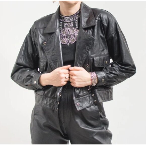 Vintage 80's Together Leather Bomber Black Jacket Small Motorcycle Pocket button - Picture 8 of 13